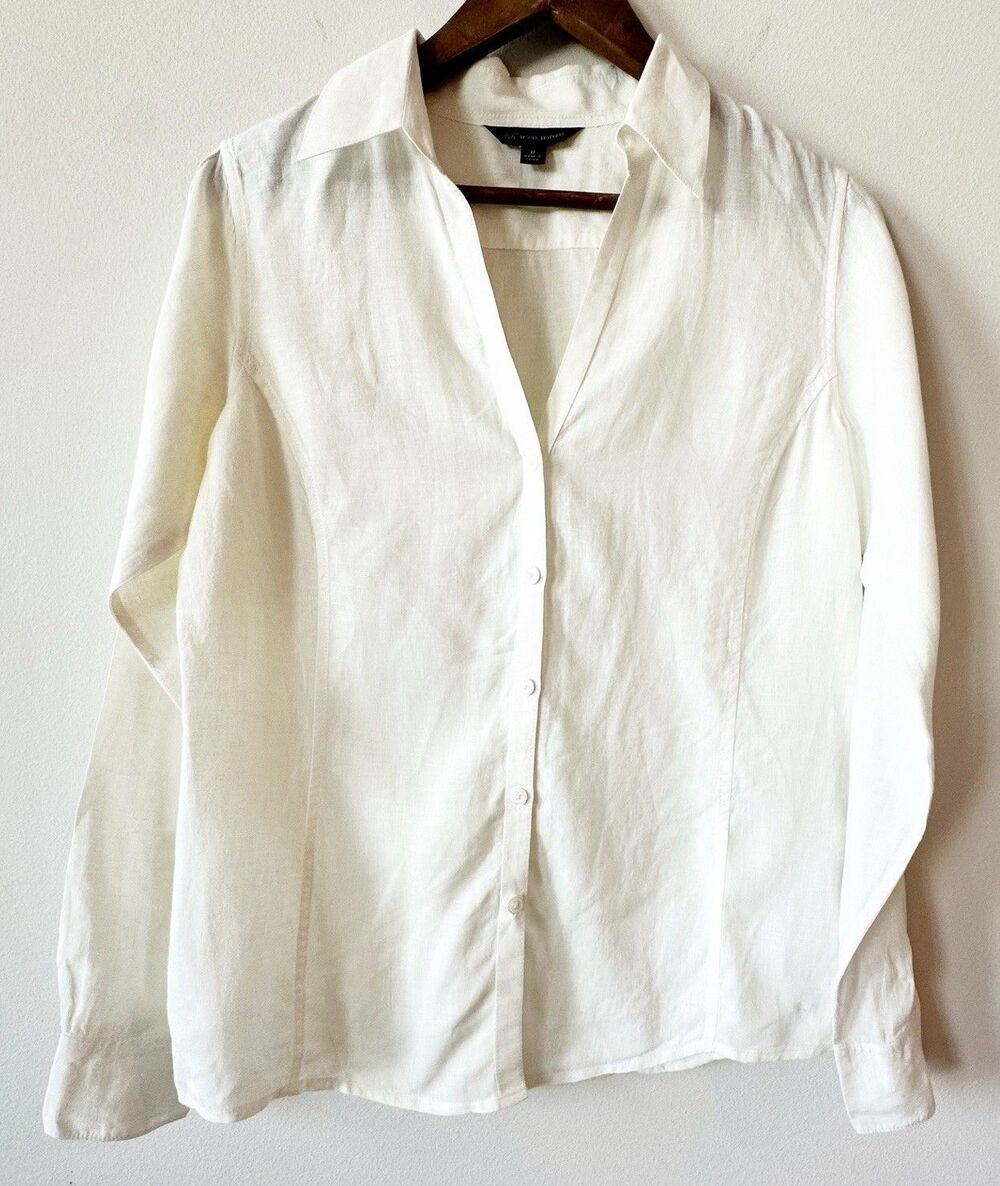 Brooks Brothers 346 White 100% Linen Button Down Shirt Coastal Classic Size 8